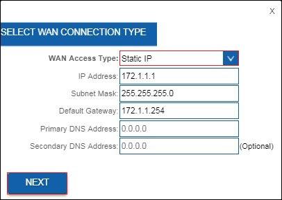 10 NEDERLANDS 5. Zorg ervoor dat WAN Type Static IP geselecteerd is. Vul IP Address, Subnet Mask, Default Gateway en DNS in die gegeven word door je Internet Service Provider (ISP) en klik op Next 6.