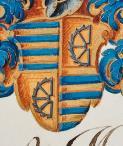 Helmteken: op een blauwe en gouden wrong een antieke vlucht, de rechter goud, beladen met een blauwe