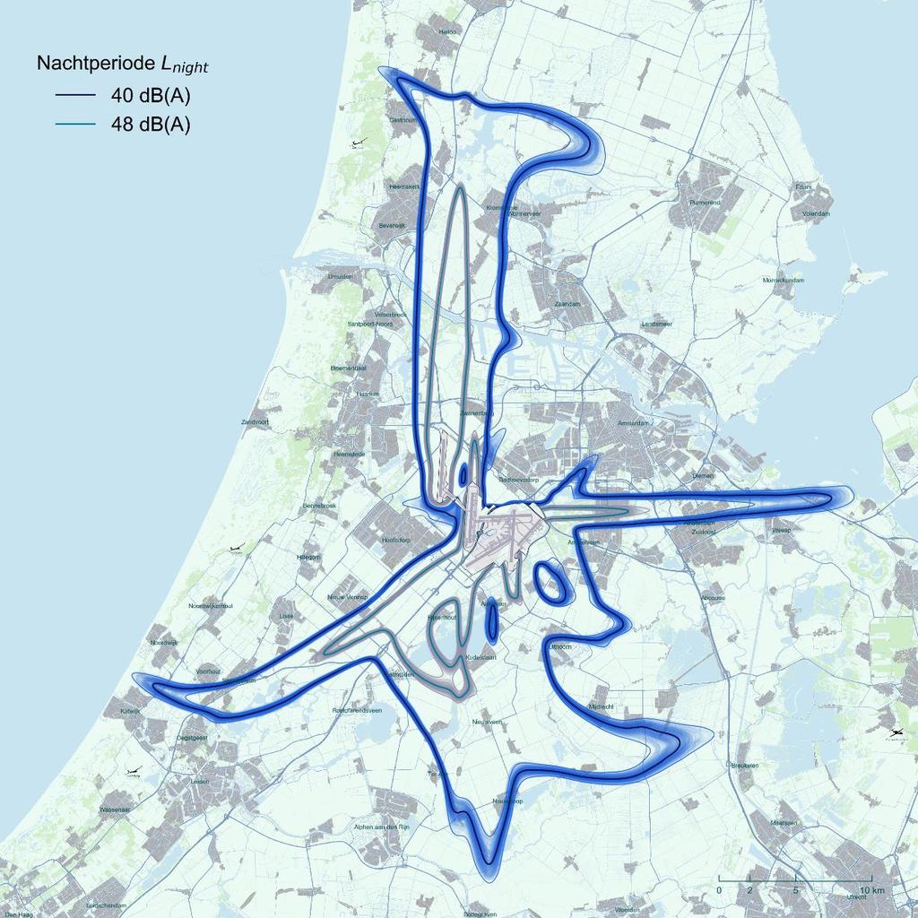 Figuur 5.2: Verwachte jaargemiddelde geluidbelasting over de nachtperiode Lnight voor gebruiksjaar 2019, met spreiding als gevolg van weersvariaties.