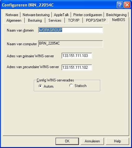 Afdrukken via een netwerk onder Windows : Peer-to-peer (NetBIOS) afdrukken 6 Selecteer het tabblad NetBIOS. Voer een werkgroep-/domeinnaam in.