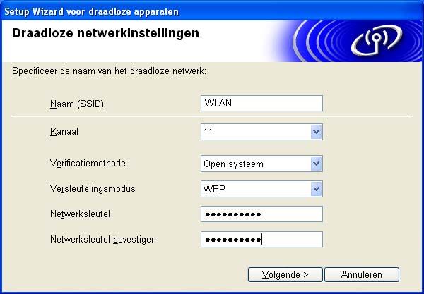 gebruikt. Kies de Verificatiemethode en Versleutelingsmodus in de keuzelijsten van deze vakjes. Toets vervolgens de Netwerksleutel in en klik op Volgende.