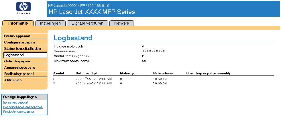 Logbestand Op het scherm Logbestand staan de meest recente apparaatgebeurtenissen, waaronder papierstoringen, verwerkingsfouten en andere printerfouten.