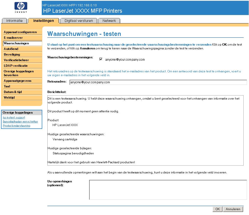 De configuratie van een bestemmingslijst testen 1. Klik op de knop Test naast de bestemmingslijst die u wilt testen. Het onderstaande dialoogvenster wordt weergegeven.