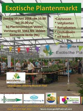 17 juni Op zondag 17 juni 2018 organiseert de afdeling Nijmegen van Succulenta voor het 41e opeenvolgende jaar een plantenmarkt.