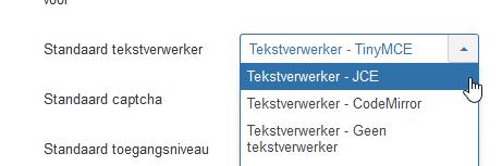 instellingen Selecteer Tekstverwerker-JCE en klik op de knop Opslaan