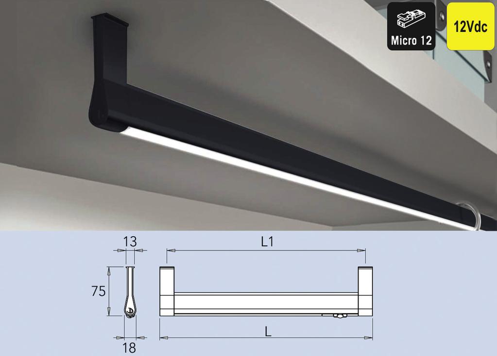 LED VERLICHTE KLEERKASTBUIS Led verlichte kleerkastbuis type Goccia HE - Led kleerkastbuis met bevestigingen - met ingebouwde bewegingssensor - met aansluitsnoer van 200 cm + Micro12 stekker -