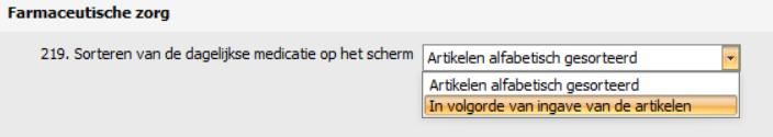 Sortering van de medicatie in het medicatieschema Via parameter 219 kan u een standaard volgorde vastleggen.