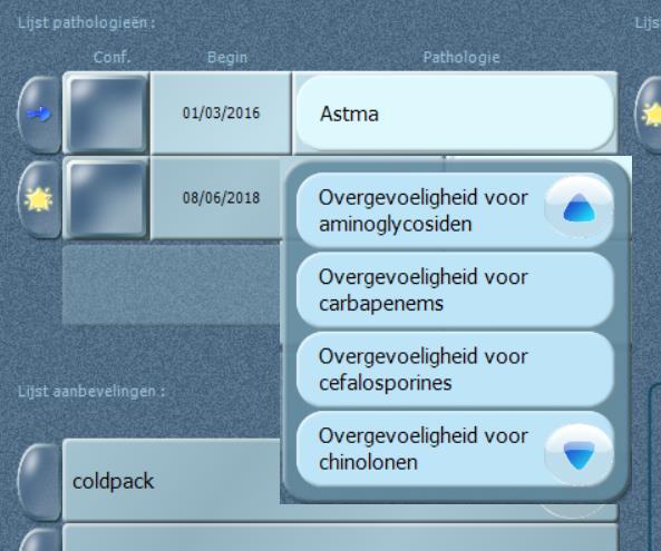 Tip: In de lijst van pathologieën (in het tabblad Farmaceutische zorg van de fiche van de patiënt) bevinden zich reeds verschillende