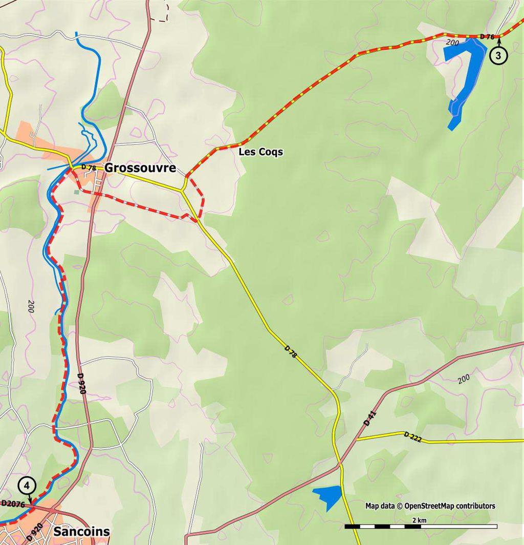 [3]Deze weg voert door het Forêt d Apremont en brengt u naar Coqs. Km 23,5 Volg de D76. Na La Vignonnerie neem de weg links en ga door La Noue. Steek de D78 over.