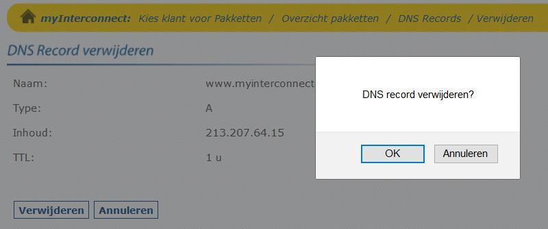 3.4.4 Records verwijderen U kunt records verwijderen door in het overzicht met DNS records op voor het te verwijderen record te klikken. U ziet figuur 21.