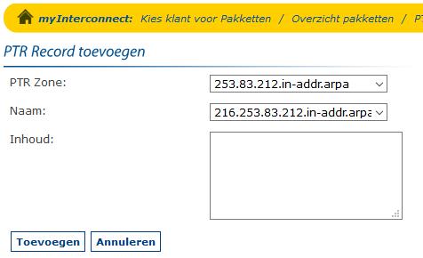 3.5.1 Records toevoegen Voeg een record toe door op de pagina PTR (reverse DNS) records op Toevoegen te klikken. U ziet figuur 24.