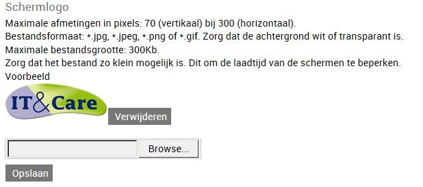 Het aangepaste logo wordt nu ook getoond bij het onderdeel Schermlogo. Met de knop Verwijderen kunt u het logo weer uit de applicatie verwijderen en zal het standaardlogo worden teruggezet.