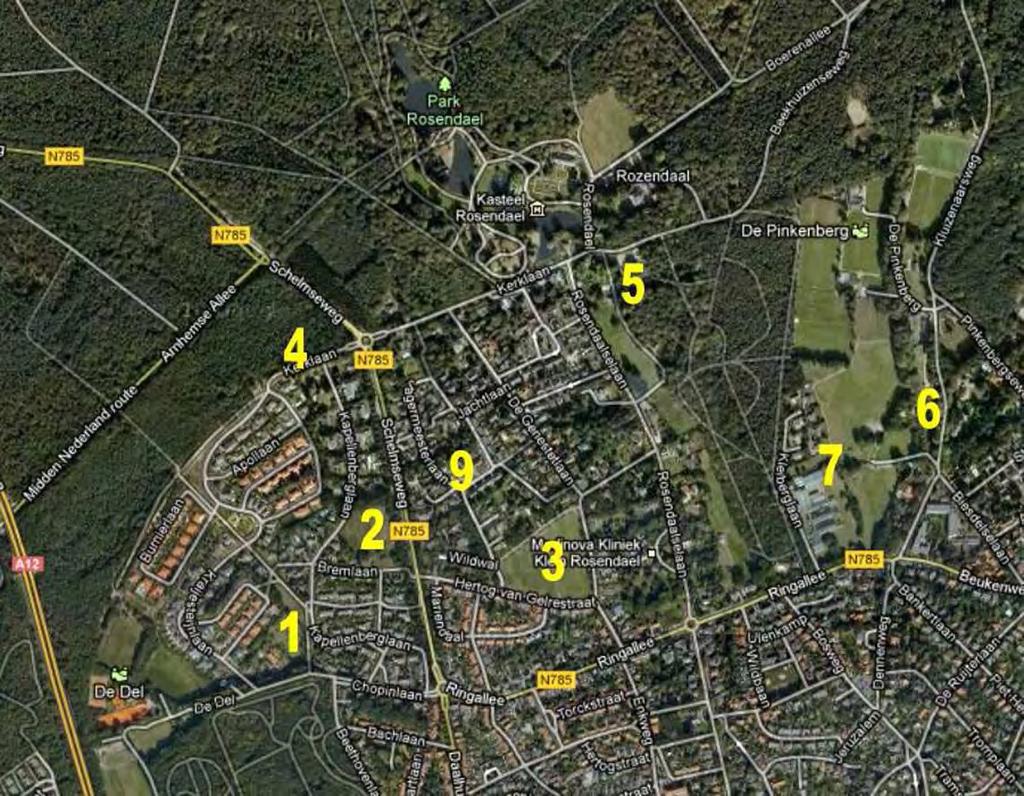 Overzicht van 9 mogelijke locaties voor de realisatie van de brede school in Rozendaal (Bron: brede school Rozendaal, Locatiestudie - 1 mei 20