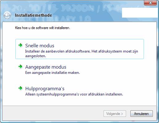 Snelle modus In Snelle modus detecteert het installatieprogramma automatisch de printer wanneer deze aan staat. Gebruik Snelle modus voor standaard verbindingsmethodes.