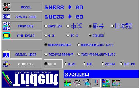 6.2.5 Systeem instellingen In het submenu SYSTEM kunnen alle instellingen voor Video In, Output Mode, W/H Ratio (formaatkeuze), Taal, Statusinformatie en Reset gemaakt worden. A.