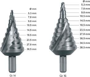 HSS Trappenboor, MF (kernmaten) HSS, DIN1412C, spaangroef / conische hoek 118 /90, CBN geslepen, spiraalgegroefd met splitpoint geometrie.