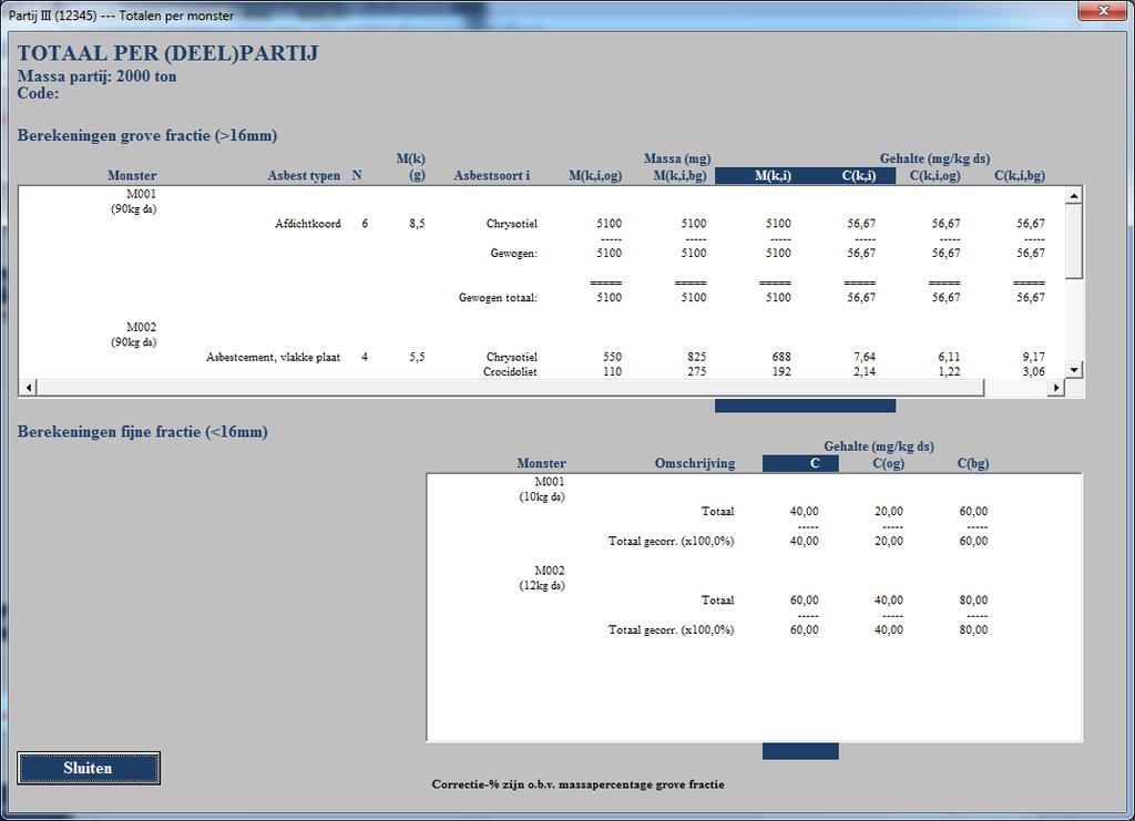 Door te klikken op de knop Toon totalen kun je tussendoor alvast de verschillende totalen bekijken zoals onder andere de massa per asbestsoort en totaal en de