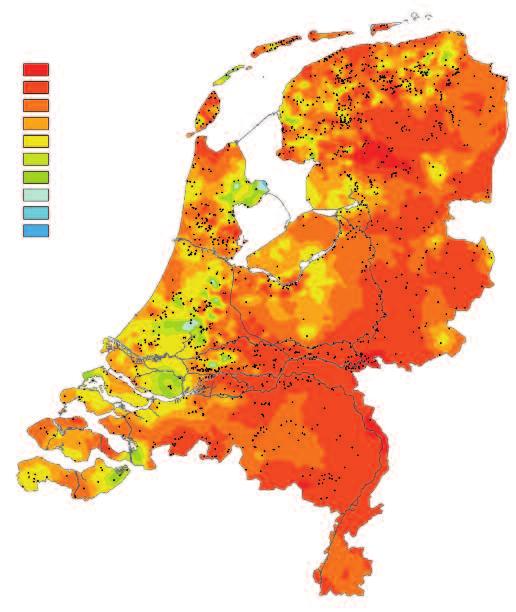 Fig. 2. Trendkaart van de Grutto in Nederland over de periode 1990-2008. De kaart is tot stand gekomen door ruimtelijke interpolatie van de trend per proefvlak.