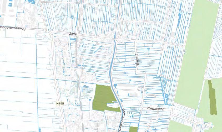 Figuur 5. Plangebied (rode cirkel) ten opzichte van NNN (donker groen) en belangrijk weidevogelgebied (licht groen) (bron: http://pzh.b3p.