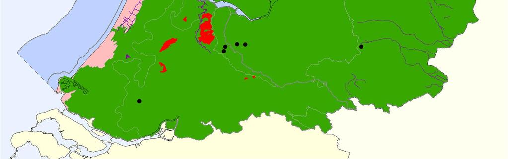 Figuur 3-f. Kaart van het stroomgebied Rijn met de chemische beoordeling van grondwaterlichamen. Algemene toestand groen = goed en rose = ontoereikend.