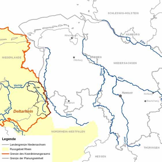 Figuur 3: Coördinatiegebieden en planningseenheden in het Nedersaksische deel van het SGD Rijn Tabel 1: SGD Rijn Overzicht coördinatiegebied, werkgebieden en planningseenheden in het Nedersaksische