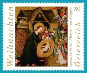 Mooie kerstzegels uit Oostenrijk in 2016! De geboorte van Christus Meester van Raigern Strook van 5 rolzegels Liefdevol buigt Maria, de moeder van God, zich over haar kind.