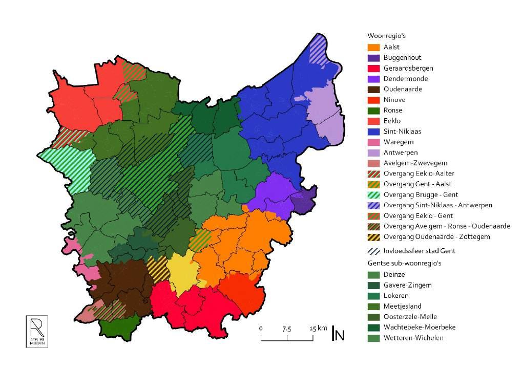 4.6 Synthesebeeld Tenslotte maken we een kaart op met alle woonregio s, inclusief overgangszones en de Gentse clusters voor Oost-Vlaanderen.