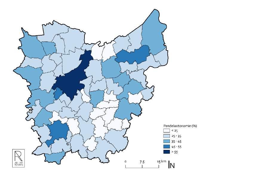 Vervolgens tonen we de pendelautonomie in Oost-Vlaanderen.