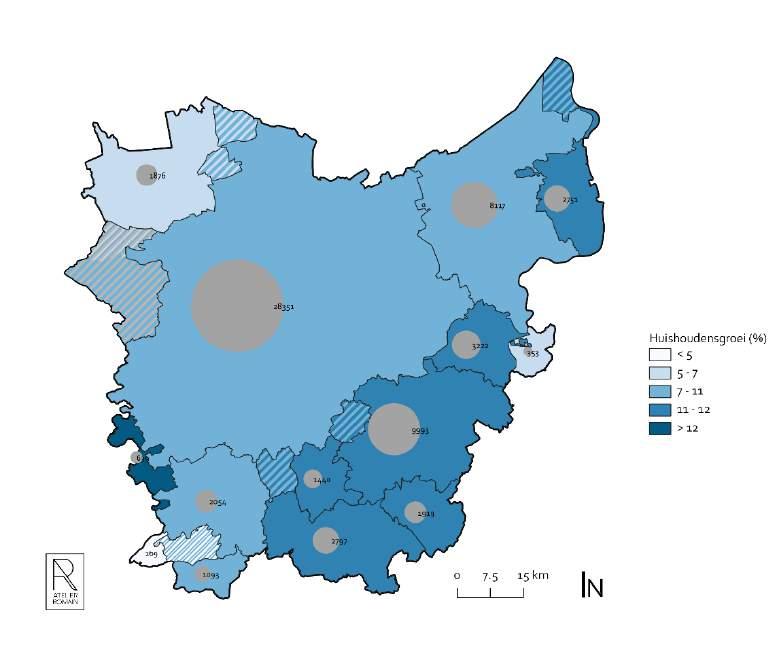 Figuur 44: Absolute (bollen) en relatieve (blauwtinten) huishoudensevolutie over 2017 2035 in Oost- Vlaanderen, per woonregio.