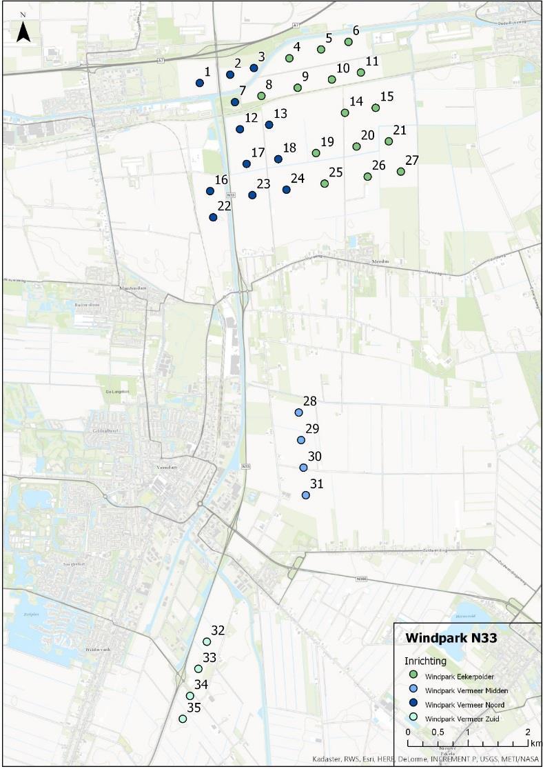 Pondera Consult 2 Windpark N33 ligt in de provincie Groningen in de gemeenten Menterwolde, Oldambt en Veendam.