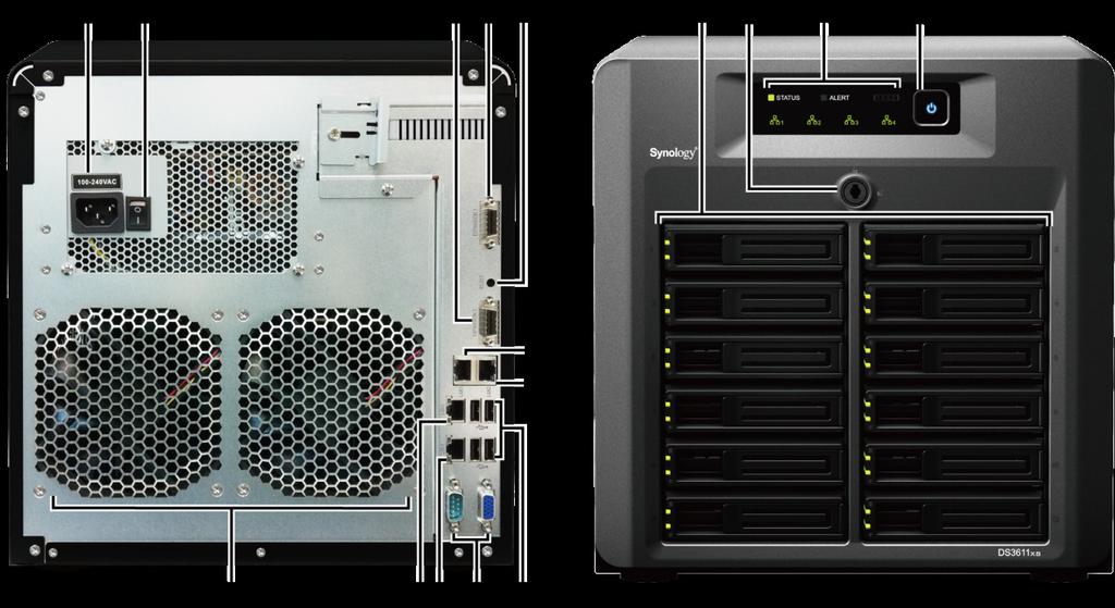 Synology DiskStation in een oogopslag Nr. Naam Locatie Beschrijving De aan-/uitknop dient om Synology DiskStation in of uit te schakelen.