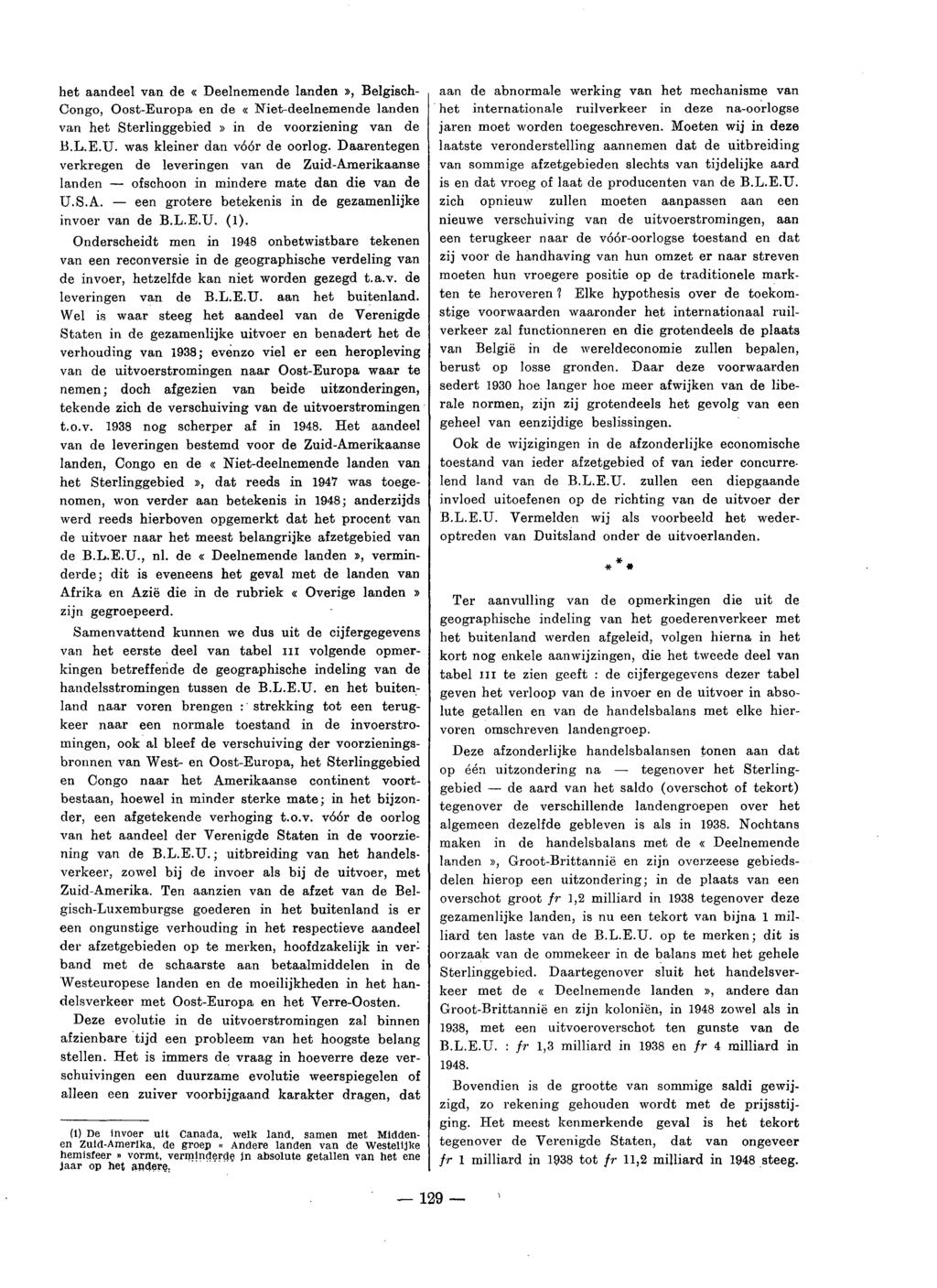 het aandeel van de «Deelnemende landen», Belgisch- Congo, Oost-Europa en de «Niet-deelnemende landen van het Sterlinggebied» in de voorziening van de B.L.E.U. was kleiner dan vóór de oorlog.