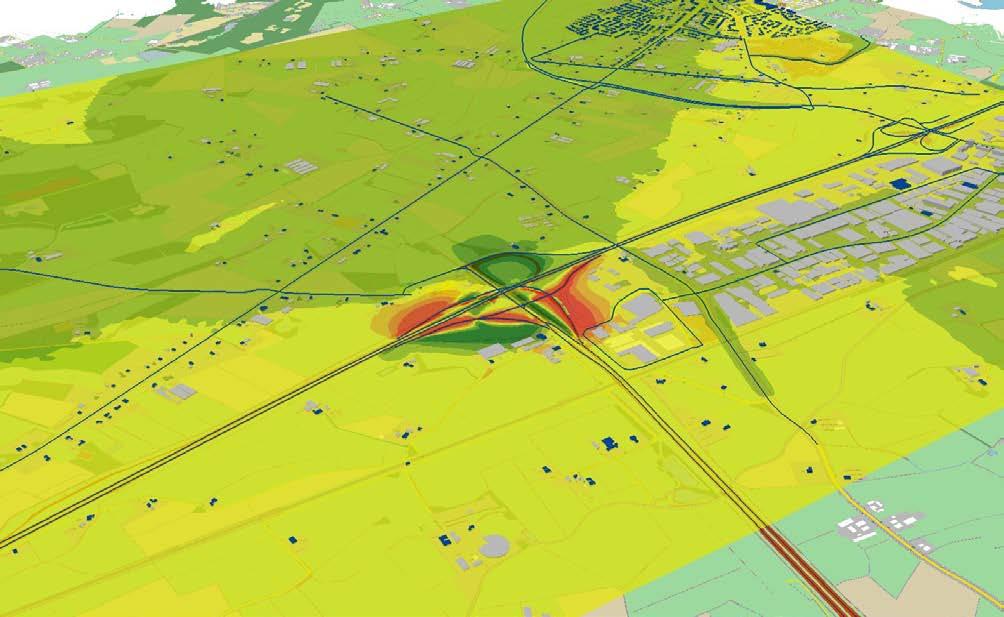 Figuur 39. Geluidverschilcontour autonome situatie 2030 versus de situatie na realisatie voorkeursoplossingsrichting in 2030, zonder maatregelen. Groen is een afname, rood een toename.