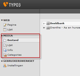 Bestandsbeheer weergaven (Media) Het beheer van verschillende media zoals afbeeldingen en pdf bestanden kan worden uitgevoerd binnen de MEDIA weergave van TYPO3.