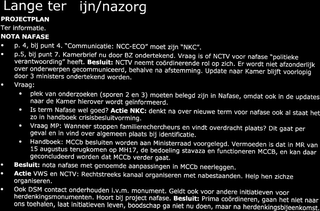 herdenkingsmonumenten. Hoort bij project nafase. Besluit: Prima coördineren, gaan het niet naar ons toehalen, laat initiatieven leven, boodschap ga niet nu doen, maar na herdenkingsbijeenkomst.