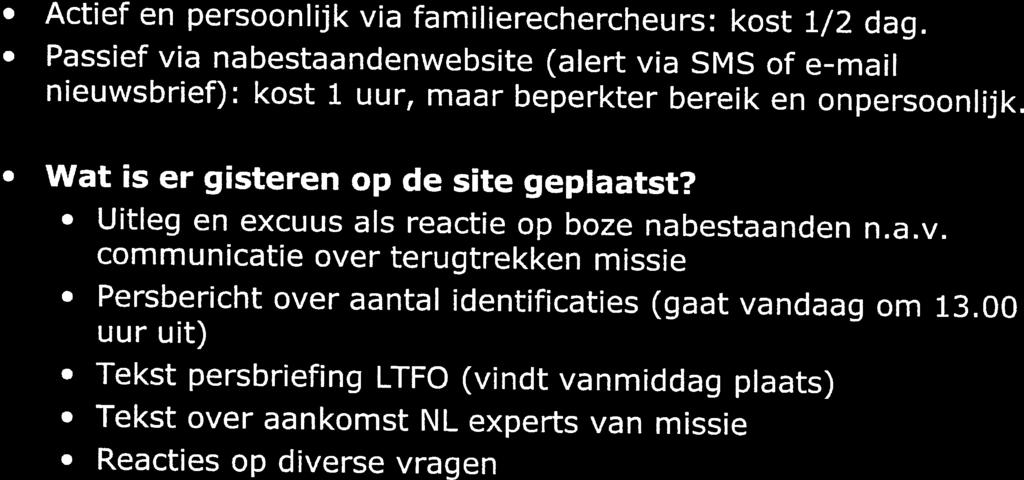 Actief en persoonlijk via familierechercheurs: kost 1/2 dag. Passief via nabestaandenwebsite (alert via SMS of e-maîl nieuwsbrief): kost 1 uur, maar beperkter bereik en onpersoonlijk.