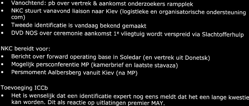 Communcatie-actuaIiteiten Vanochtend: pb over vertrek & aankomst onderzoekers rampplek NKC stuurt vanavond Ilaison naar Kiev (logîstieke en organisatorische ondersteuning corn) Tweede identificatie