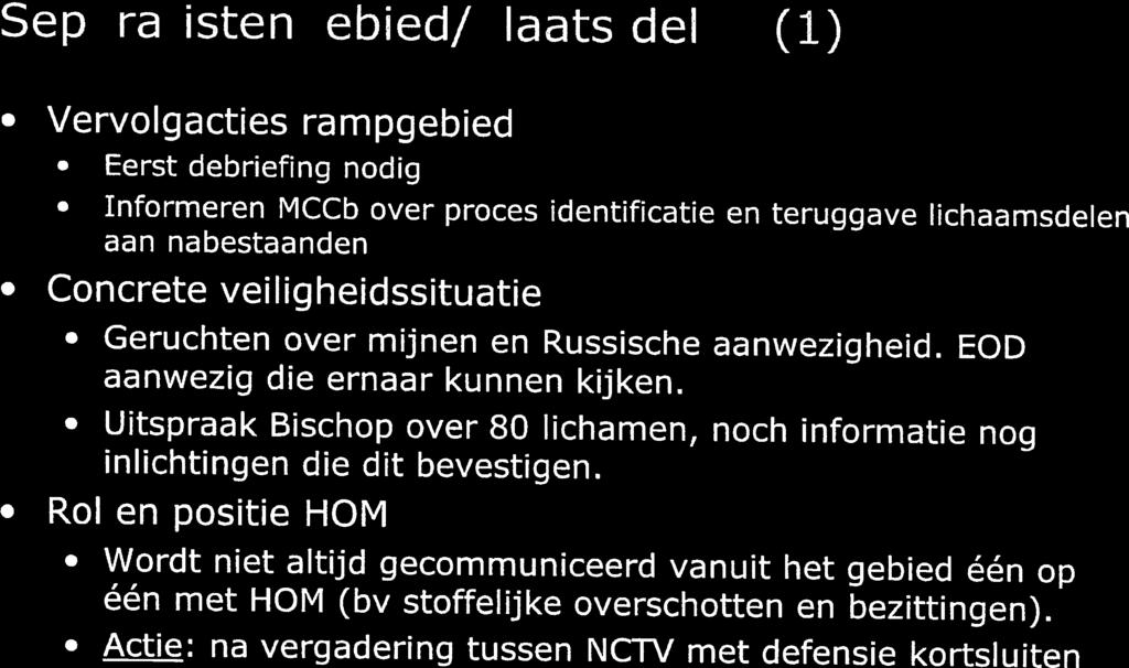 Separatistengebied/plaats delict (1) Vervolgacties rampgebîed Eerst debriefïng nodig Informeren MCCb over proces identïfïcatîe en teruggave lichaamsdelen aan nabestaanden Concrete veiligheidssituatie