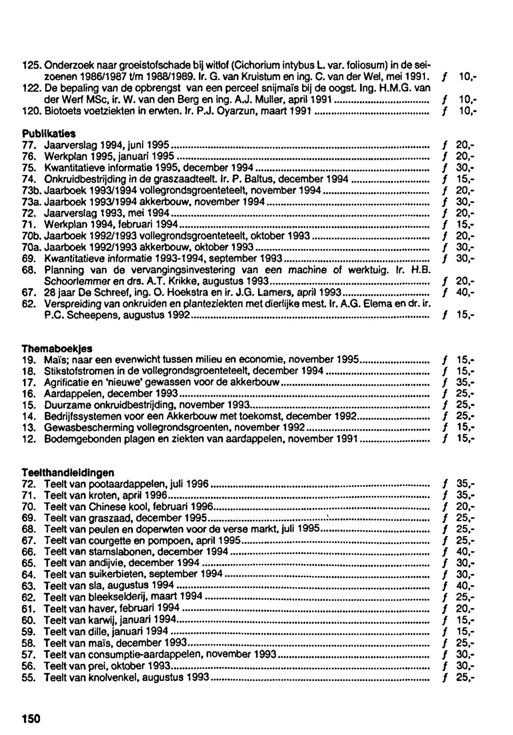 125.Onderzoeknaargroeistofschadebijwitlof (CichoriumintybusL.var. foliosum)inde seizoenen1986/1987t/m1988/1989.ir.g.vankruistumen ing.c.vander Wel,mei1991. ƒ 10,- 122.