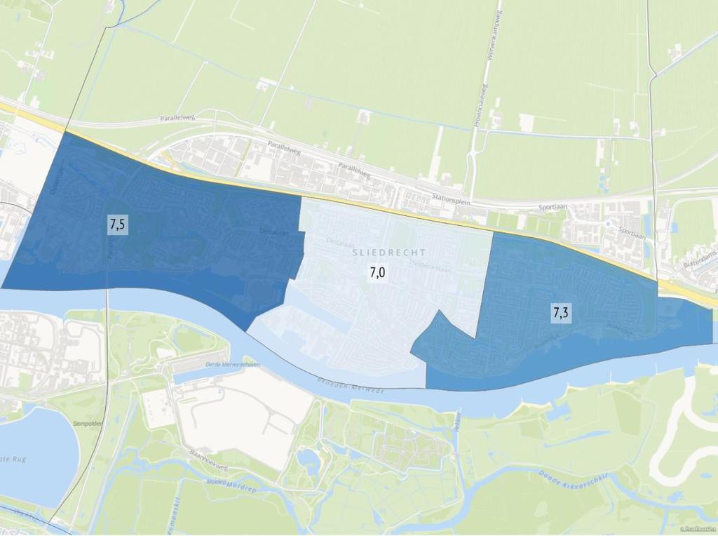 Figuur 11 Rapportcijfer voor de veiligheid in de buurt, per wijk (01/015) 7,3/7,5 West 7,/7,0 Centrum Oost 7,/7,3 Sliedrecht