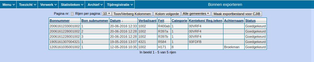 Menu Verwerk In dit menu kan de controleur de goedgekeurde bonnen exporteren naar het CJIB en exportbestanden t.b.v. de historie aanmaken.