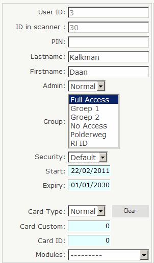 Gebruiker ID: Hier moet een cijfer worden ingevuld. Zorg wel dat dit getal niet eerder gebruikt is. ID in Scanner: Dit veld wordt automatisch ingevuld.