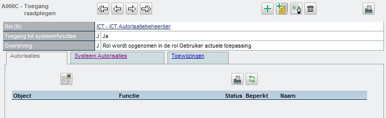 De functie Toegang lijst wordt uitgevoerd. Navigeer naar de te autoriseren rol en klik er op. De functie Toegang raadplegen wordt uitgevoerd. De tab Autorisaties zou moeten verschijnen.