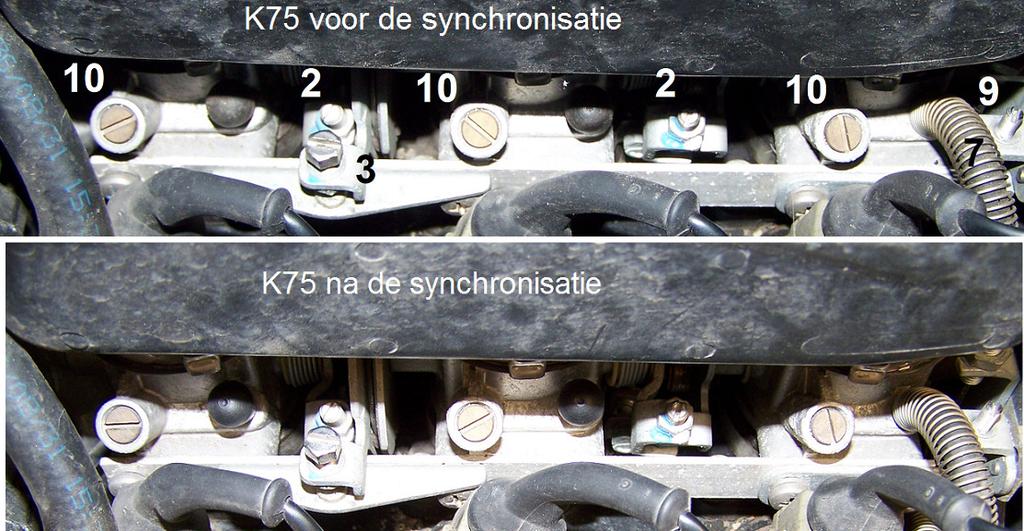 De foto 7 toont dat de Bypass-Luchtschroeven van cilinder 1 (linker) circa 20 graden met de klok mee, en cilinder 2 circa 65 graden tegen de klok in zijn verdraaid.