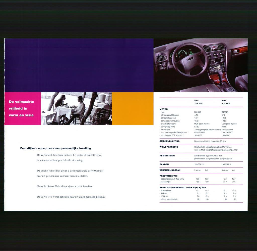 V40 V40 1.816V 2.0 16V MOTOR - type - cilinderaantal/kleppen - cilinderinhoud (cc) - compressieverhouding - brandstofsysteem - boring/slag (mm) - katalysator - max. vermogen ECE kw/pkimin 1 - max.