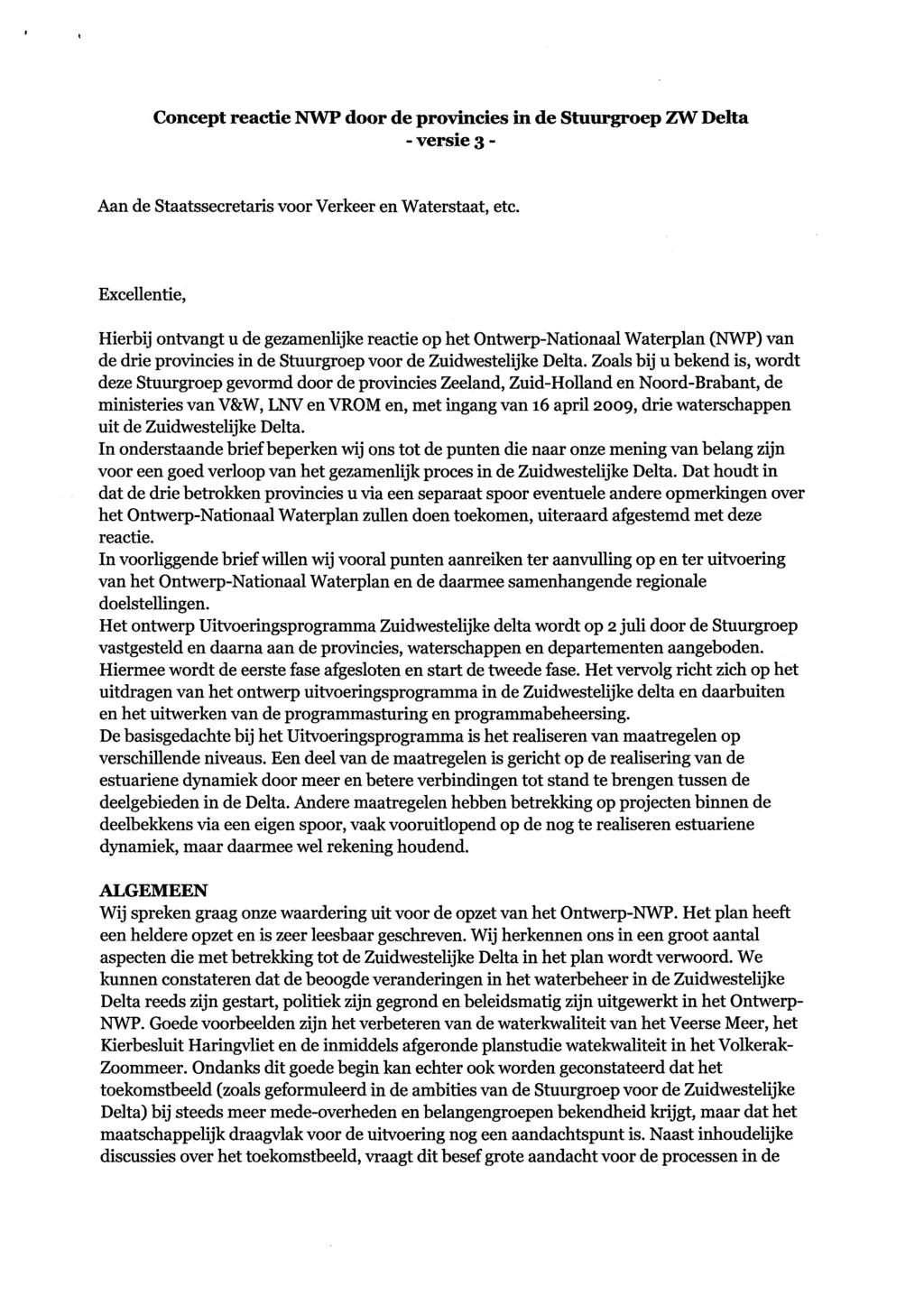 Concept reaetie NWP door de provincies in de Stuurgroep ZW Delta - versie 3 - Aan de Staatssecretaris voor Verkeer en Waterstaat, etc.