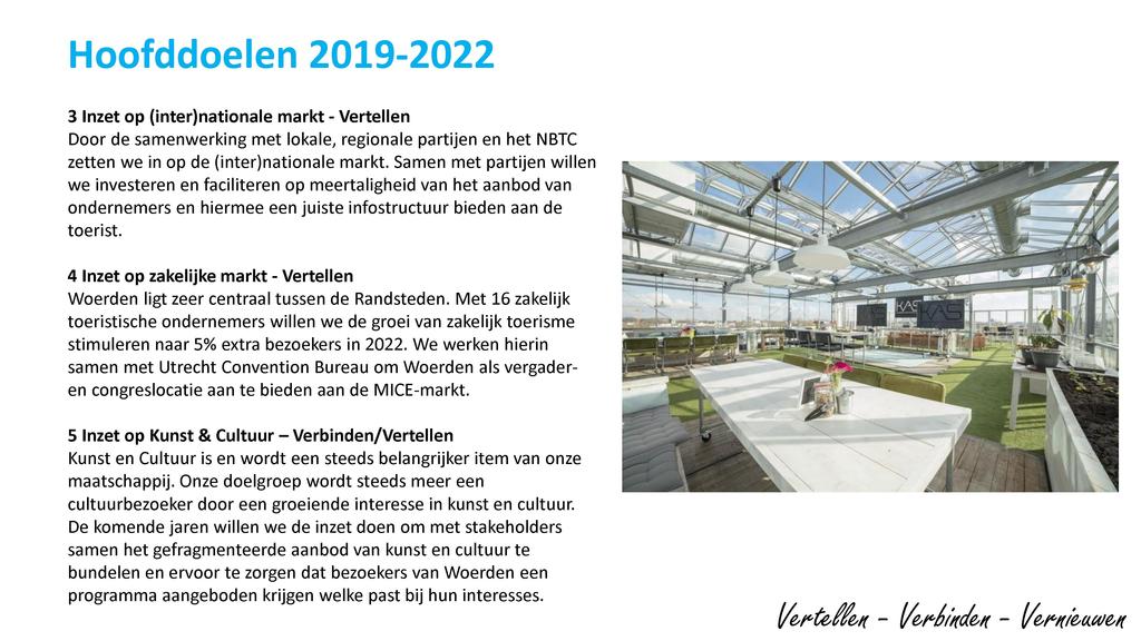 Hoofddoelen 2019-2022 3 Inzet op (inter)nationale markt - Vertellen Door de samenwerking met lokale, regionale partijen en het NTC zetten we in op de (inter)nationale markt.