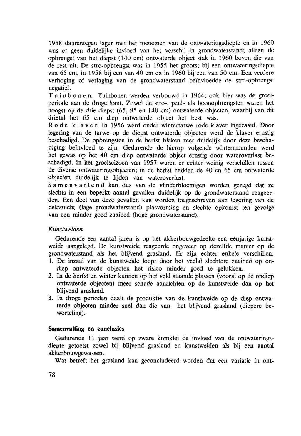 1958 daarentegen lager met het toenemen van de ontwateringsdiepte en in 1960 was er geen duidelijke invloed van het verschil in grondwaterstand; alleen de opbrengst van het diepst (140 cm) ontwaterde