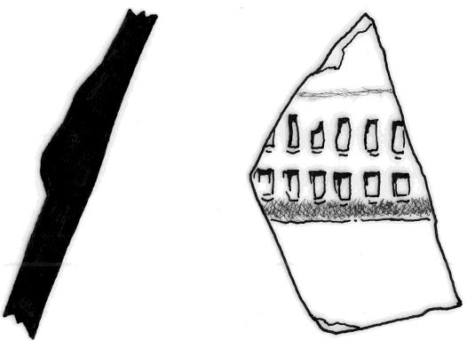 35 en 36), vingerafdrukken, losse stempels, etc. Naast fragmenten versierd met radstempels en kleistrips, is één fragment Badorfaardewerk gevonden met verf.