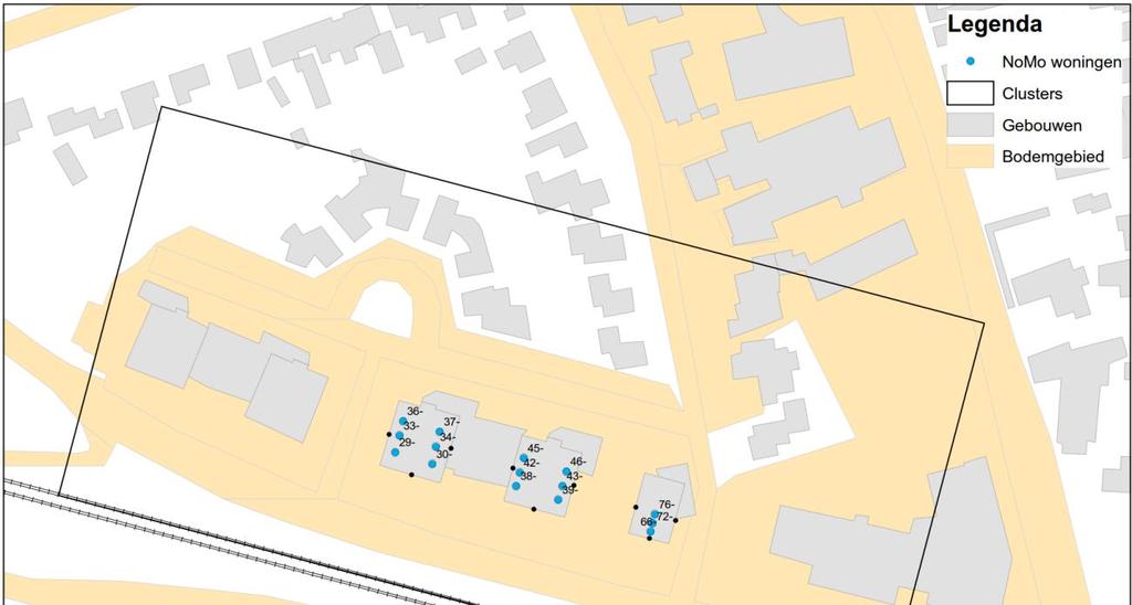 Afweging geluidmaatregelen 4.3.2 Cluster 2 Tramstraat Dit cluster bevat 15 NoMo woningen (zie figuur). De NoMo woningen in het cluster genereren in totaal 122.300 reductiepunten.